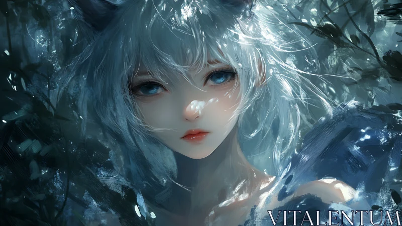 White haired anime figure with blue eyes in foliage setting.