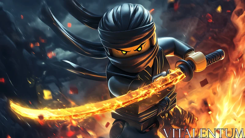 Fiery ninja hero swings a glowing blade in bold action.