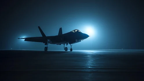 Stealth jet waiting in glowing blue midnight mist on runway.