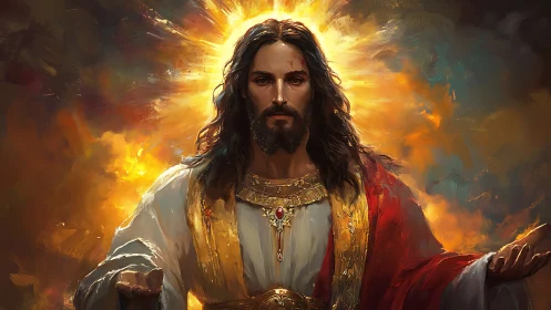 Radiant robed figure with aureole amid luminous cloudfield.