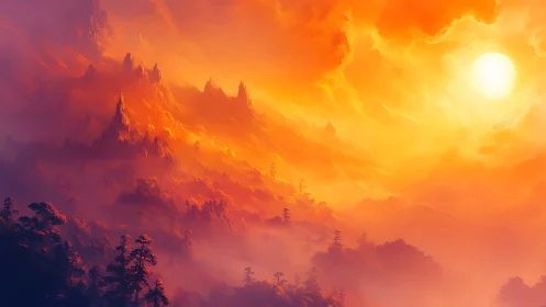 Ember-drowned mountain spires under a blazing mythic sun.