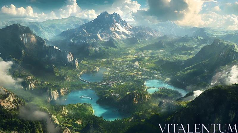 Digital painting of alpine valley with lakes and distant ranges.