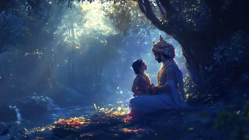 Luminescent forest tableau of divine figures in radial light.