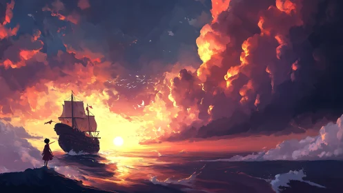 Sunset storm rehearses while a lone dreamer salutes departure