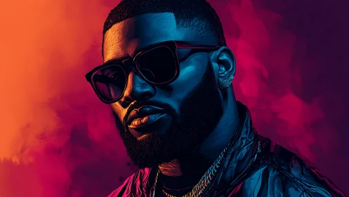 Confident portrait in bold neon oranges, pinks, and blues.