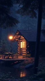 Lanternlit forest cabin dreaming beside a quiet woodland pond.