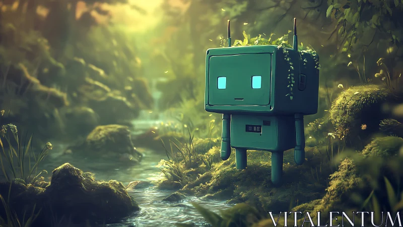 Small teal forest robot observes glowing creek at dusk