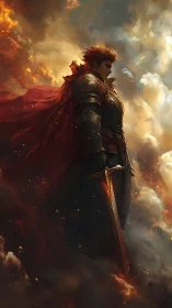 Armored warrior with sword amid dense fiery clouds.