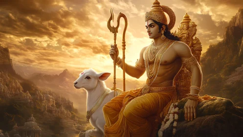 Seated deity with staff and calf in detailed mountain landscape.