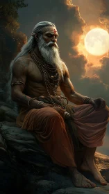 Mystic sage meditating under luminous full moonlight.