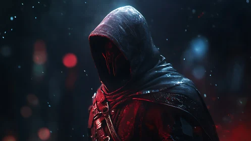 Hooded armored figure in red light against dark backdrop.