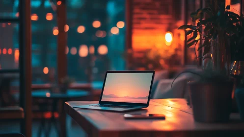 Laptop sunset dreaming in a softly glowing café evening.