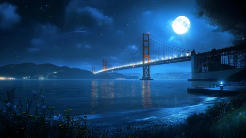 Suspension bridge spans moonlit bay under clear night sky