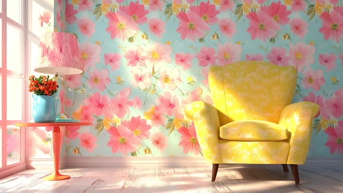 Yellow armchair anchors vibrant floral pastel interior