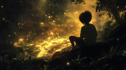Child at the glowing forest pond of quiet, golden wonder.