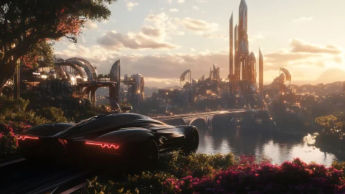 Futuristic black supercar overlooking luminous utopia skyline.