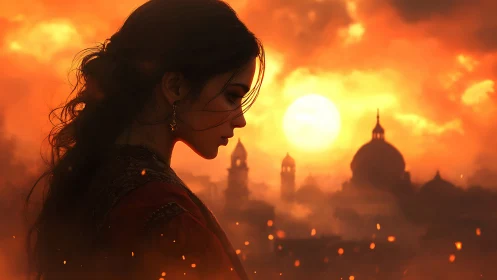 Silhouetted woman before burning sunset cityscape.