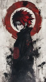 Red haired anime figure with splatter circle background.