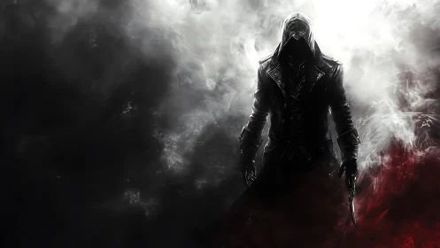 Hooded figure in dark coat amid swirling monochrome smoke.