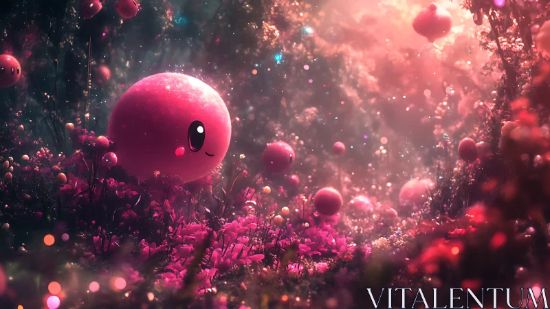 Spherical character forms occupy a luminous pink forest clearing