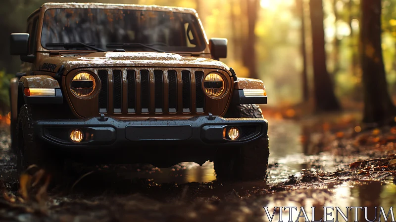 Photorealistic off-road SUV in golden forest backlight.