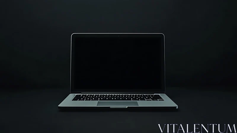 Minimalist laptop front view on dark studio background.