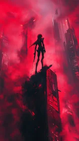 Crimson sentinel rises above neon smog-drowned cityscape.