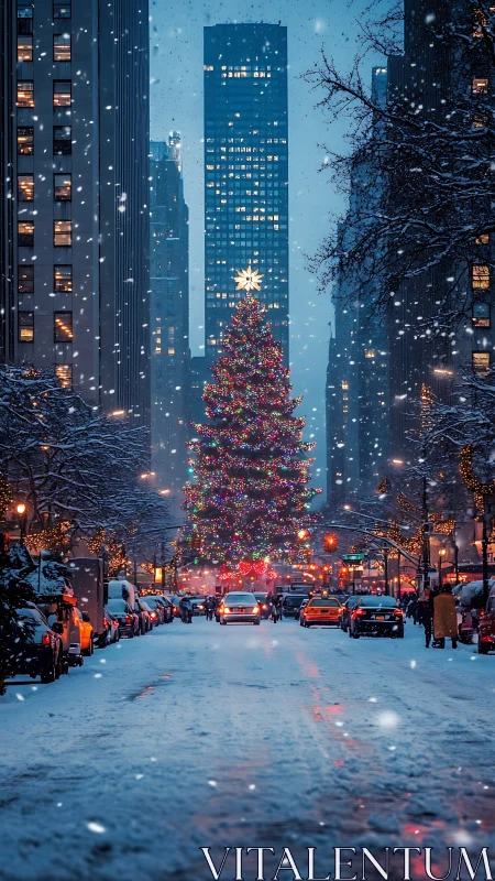Snow-dusted avenue crowns its skyline with a glowing tree