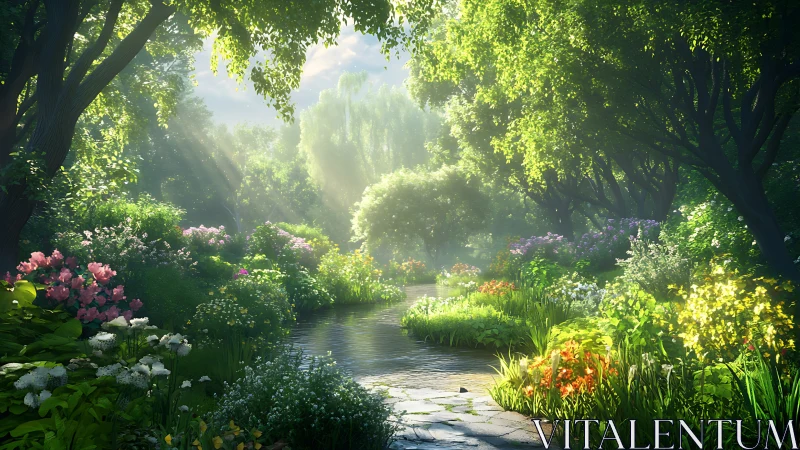 Enchanting Sunlit Garden Pathway in Lush Natural Landscape.