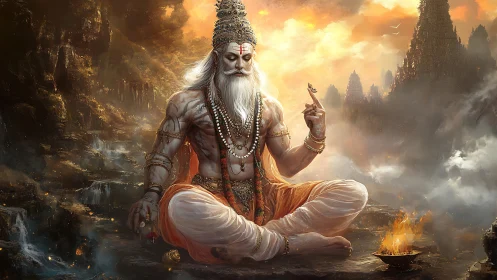 Mythic sage in meditative asana amid fiery Himalayan gorge