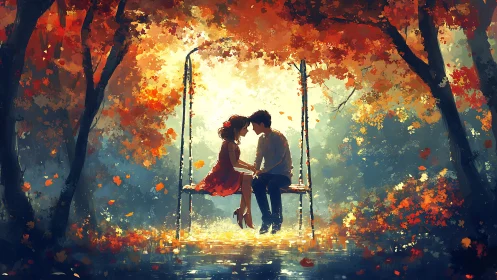 Lovers Suspended in Autumn's Golden Embrace Where Light Dances Through Falling Leaves