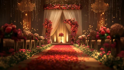 Rose-filled indoor wedding aisle with lit floral arch.