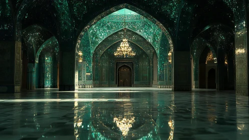Iridescent mirrored mosque interior with vaulted arches and chandeliers.