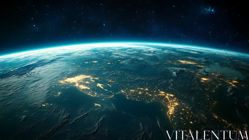 Earth horizon from space with glowing night city lights.