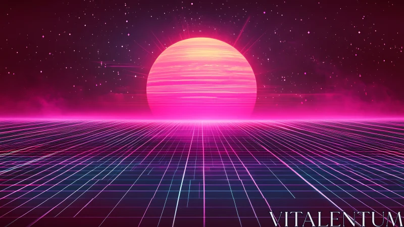 Neon horizon grid frames radiant synthwave digital sunset.
