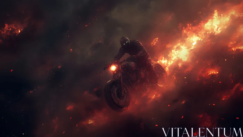 Motorcyclist rides through dense flames in dark smoke