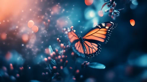Monarch butterfly glows amid blue bokeh forest dusk.