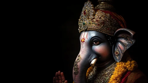 Gentle Ganesha idol glowing softly in warm golden light.