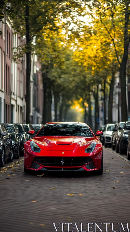 Red supercar stands poised beneath glowing autumn trees.