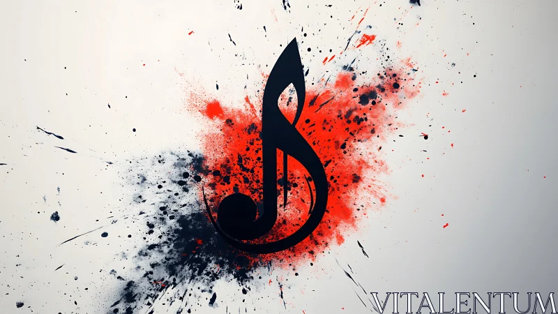 Stylized musical symbol with red and black paint splatter.