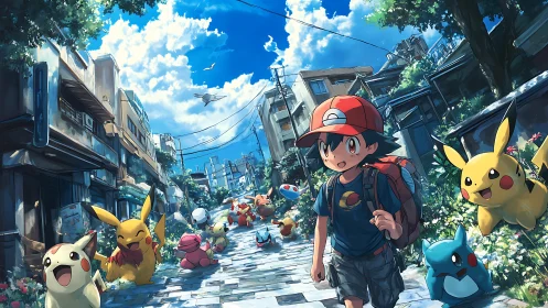 Trainer walks through sunny city street surrounded by Pokémon