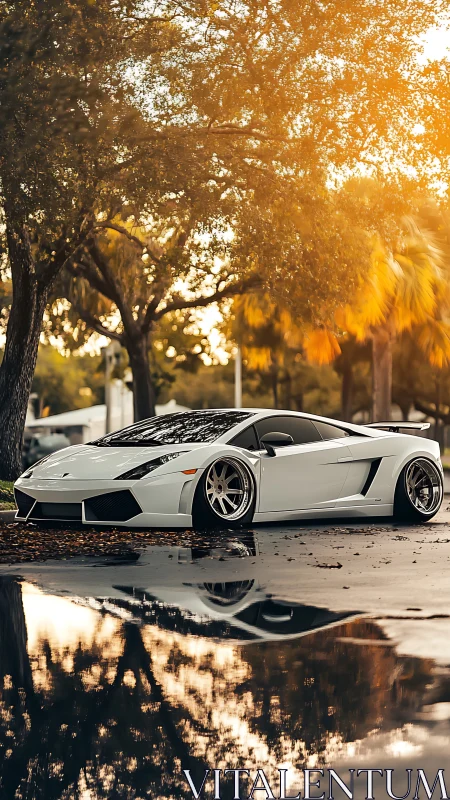 Sunlit supercar daydream under golden autumn canopies.