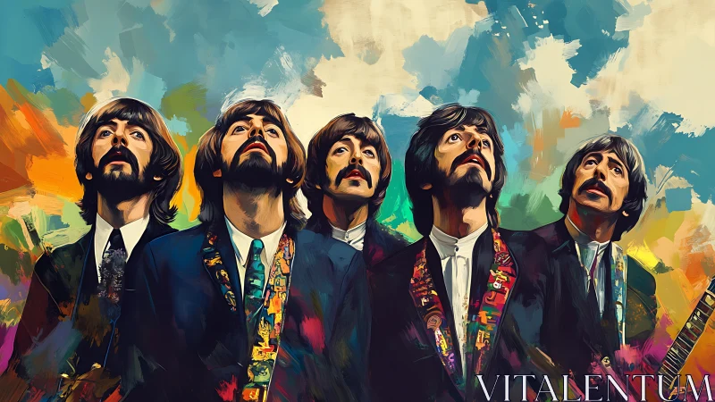 Psychedelic band of five gazes skyward in painted colorstorm.