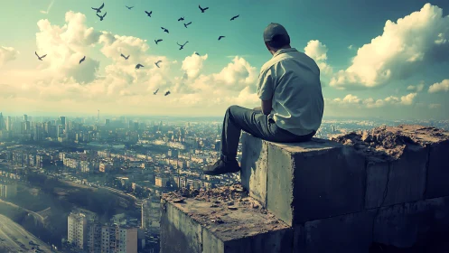 Man sitting on concrete ledge overlooking vast cityscape.