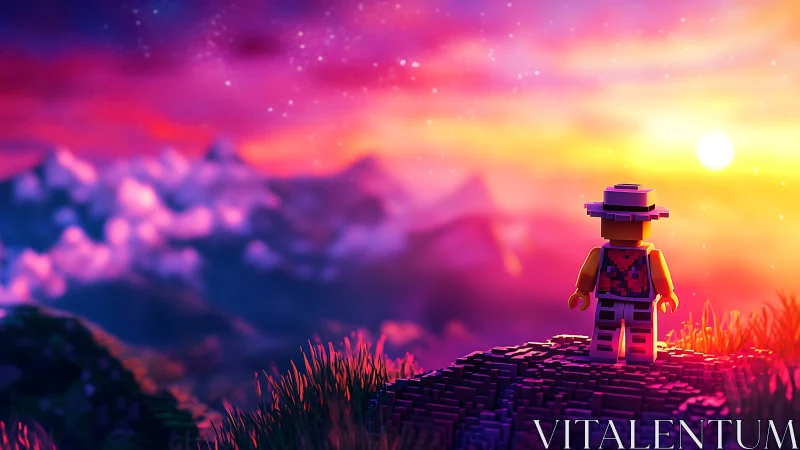 Brick-sized wanderer greeting a neon sugarstorm sunrise.