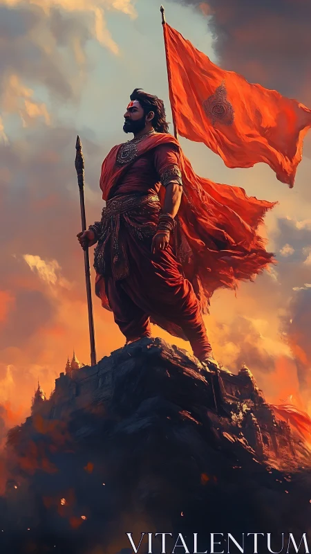 Heroic warrior on volcanic citadel with dynamic battle standard.