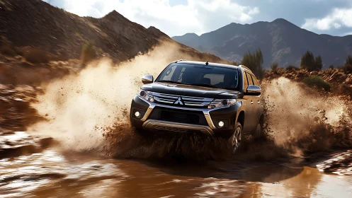 Off-road SUV surges through muddy desert trail in motion