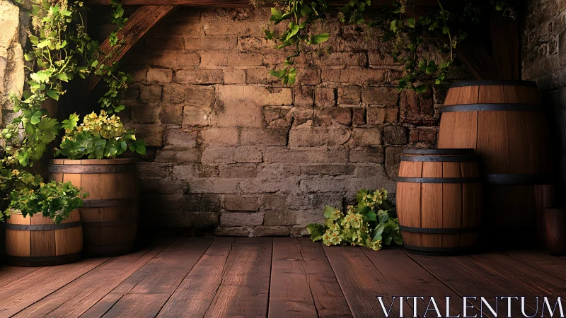 Barrels and ivy quietly rehearse a rustic cellar vignette