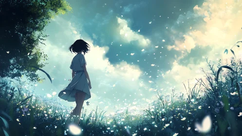 Summer breeze daydream with a girl in a glowing meadow.