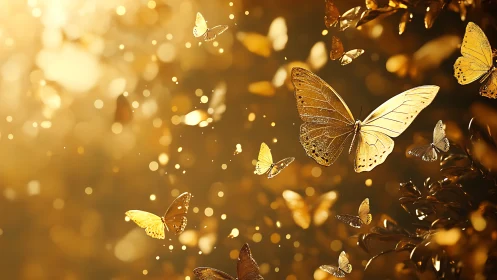 Golden butterflies drift through luminous bokeh dusk field.